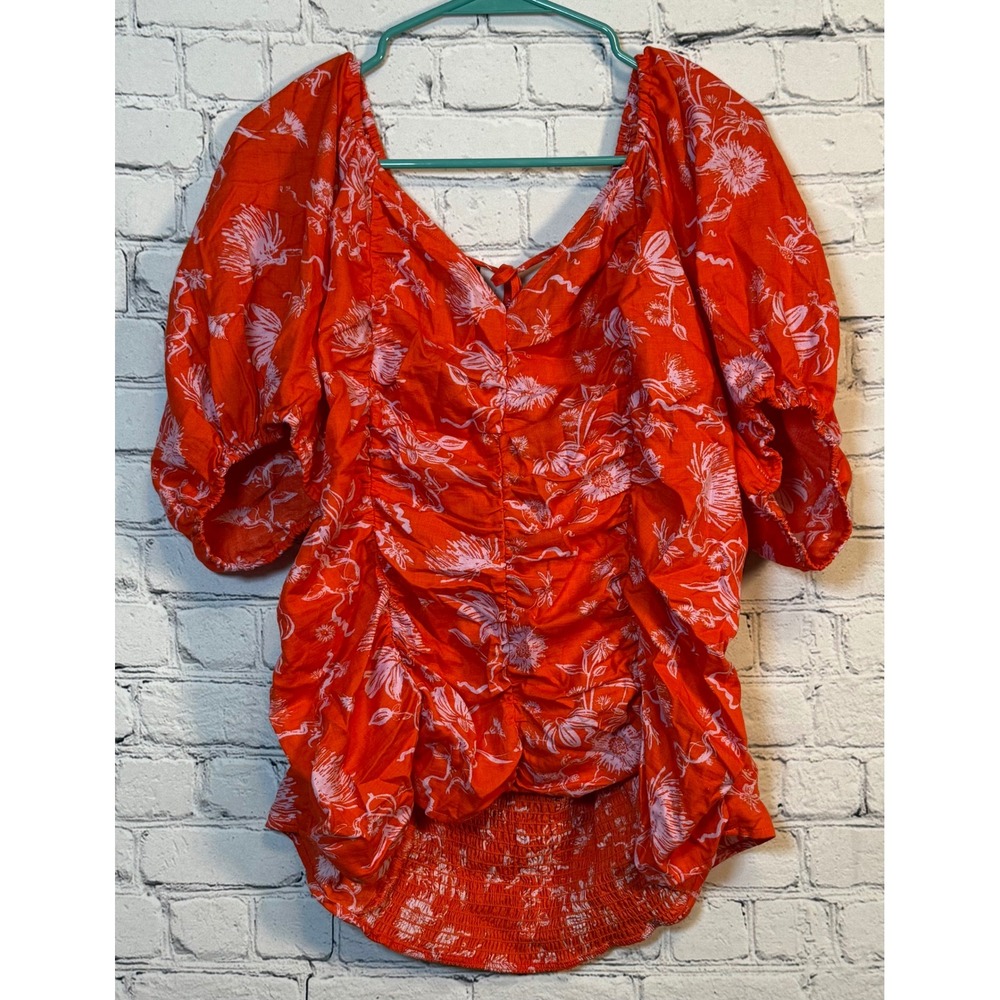 AVA & VIV Floral Smocked Blouse Ruched Front Tie Back Orange‎ 2X